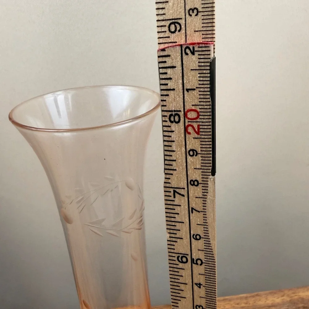 Vintage Peach Depression Glass Bud Vase Etched Leaves and Dots 8 inch Trumpet